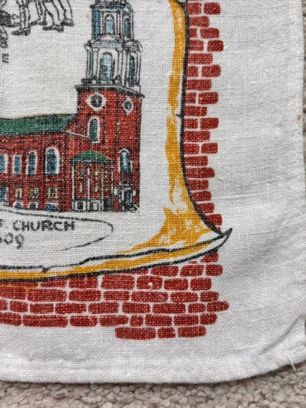 Vtg Stevens 100% Linen Souvenir Historic Boston Tea Towel Americana